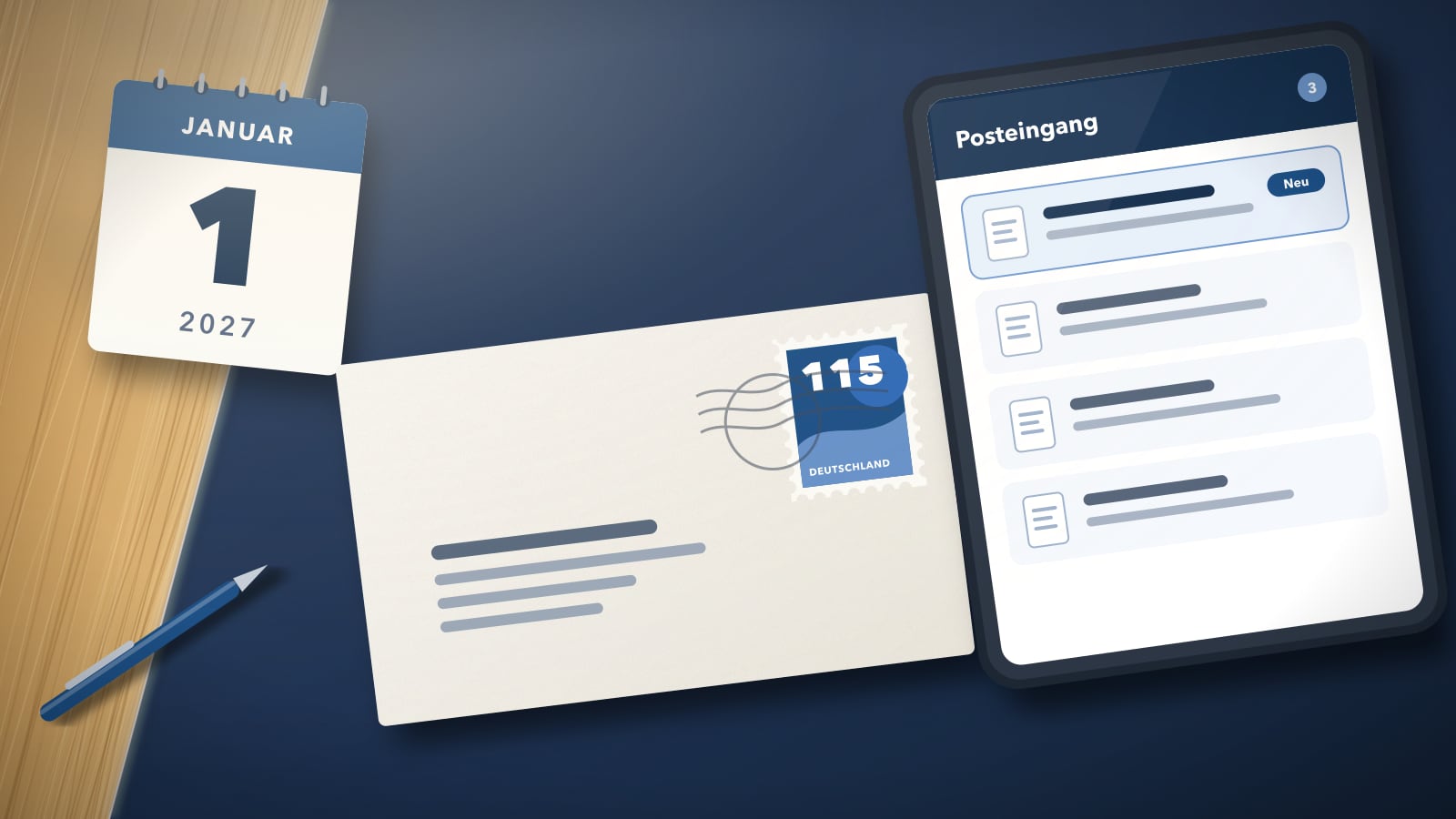 Ein Brief mit 1,15-€-Briefmarke, ein Kalenderblatt für Januar 2027 und ein Tablet mit digitalem Posteingang