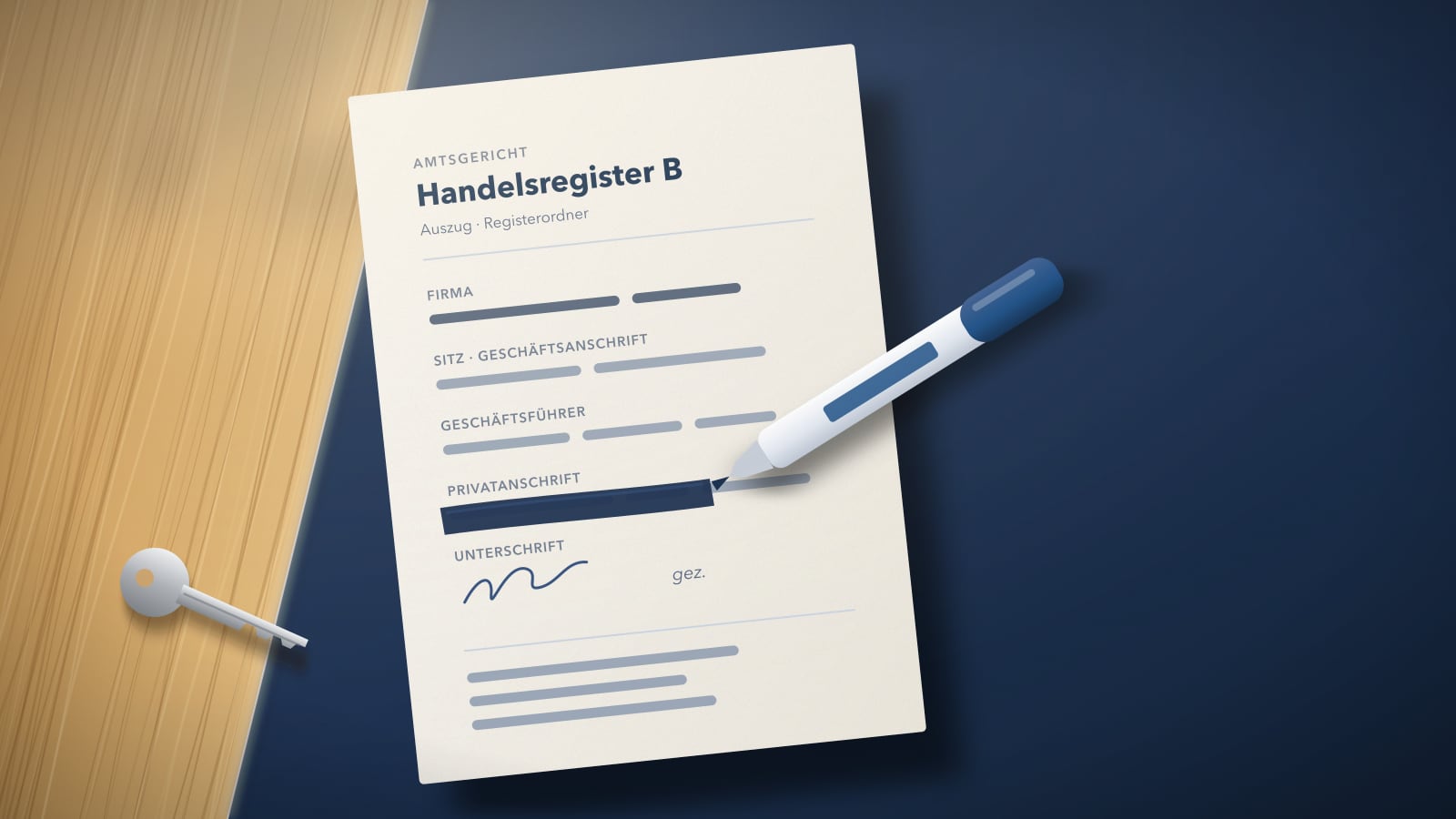 Ein Registerauszug auf dem Schreibtisch, in dem eine Adresszeile mit einem Marker geschwärzt wird